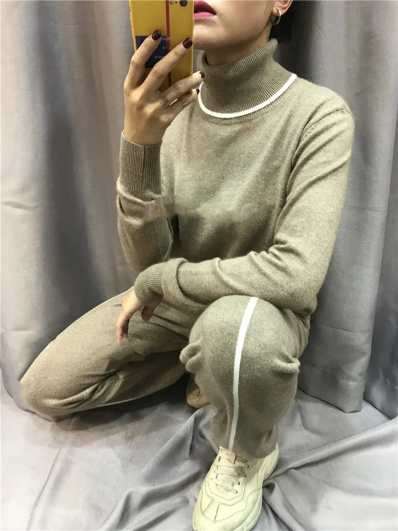 2020 Turtleneck Hot Sale Cashmere Suit High Collar Long Sleeve Pullover Sweater Casual Feet Trousers Fashion Two-piece Female |