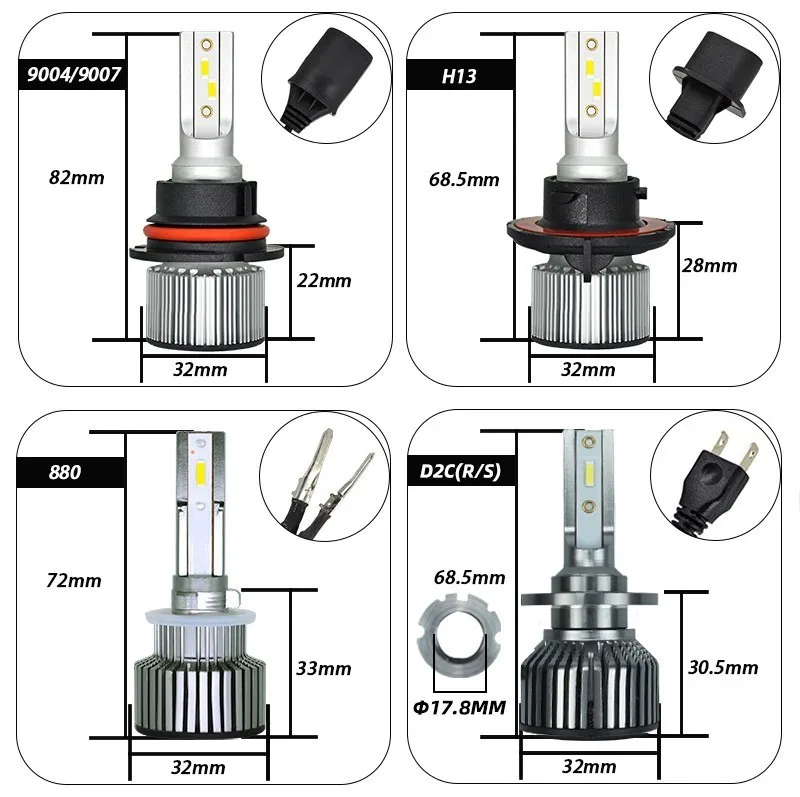 2PCS F3 H7 Led bulb H4 H1 H3 H8/H9/H11 H27/880 9005/HB3 9006/HB4 D2S(R/C) CSP CHIP Turbo Led Fog light 6000LM 6000K Mini Size