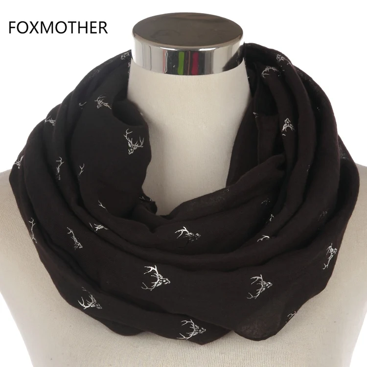 FOXMOTHER модный темно-серый бронзированный Серебряный Олень голова оленя длинный шарф шали для женщин Рождество - Цвет: Black Loop