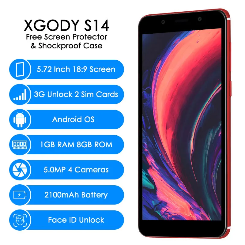 XGODY S14 5,7 дюймовый 18:9 мобильный телефон Android 5,1 Face ID MT6580 четырехъядерный 1G+ 8G 3G разблокировка Dual Sim смартфон 4 камеры мобильный телефон