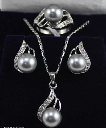 

FREE SHIPPINGPretty silver gray 10mm South sea Shell Pearl Earrings Ring Pendant Set
