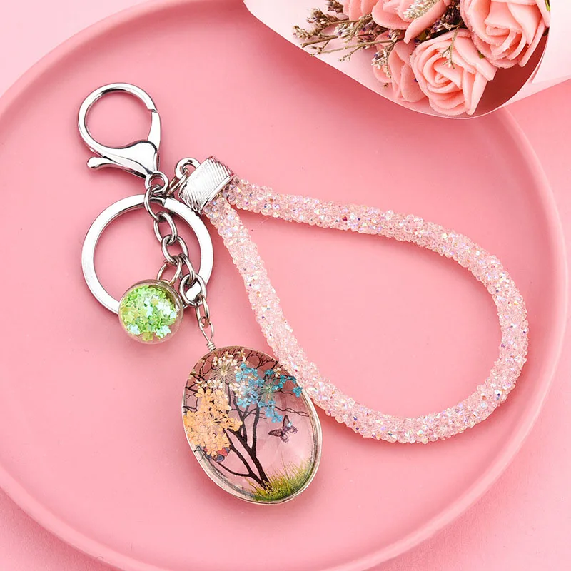 

Vintage Dried Flower Keychain Accessories Handmade Glass Dome Natural Dried Flower Pendant Keychain Jewelry