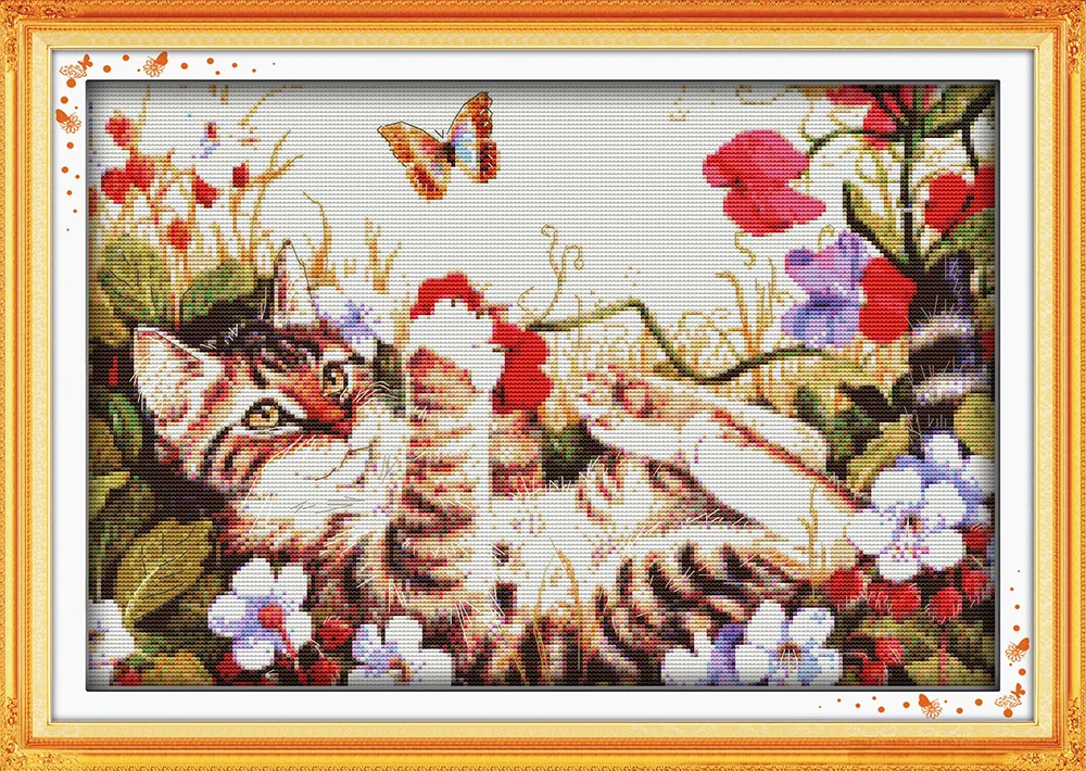 

Leisure cat in flowers Printed Canvas DMC Counted Cross Stitch Kits printed Cross-stitch set Embroidery Needlework