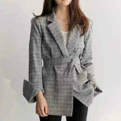 2019 Южная Корея Осень новый пригородный Ретро проверить открытый манжеты талии был тонкий костюм куртка Женский