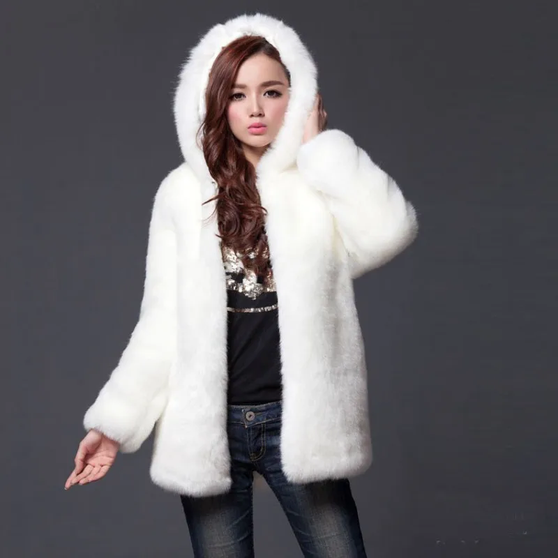 Хит, зимняя женская куртка с густым мехом из искусственного меха средней длины с капюшоном из кроличьего меха размера плюс S-3XL-5XL, белая, Черная