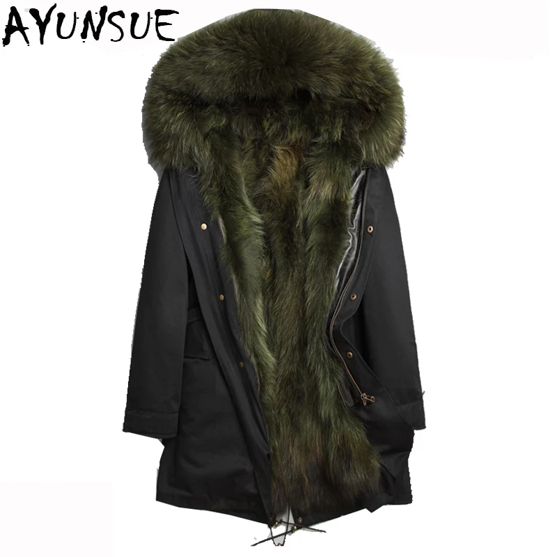 AYUNSUE Real Fur Coat Winter Luxury Natural Raccoon Fur Parka Male Long Hood Overcoat Outwear Men's Clothes N17-1502 LX2363