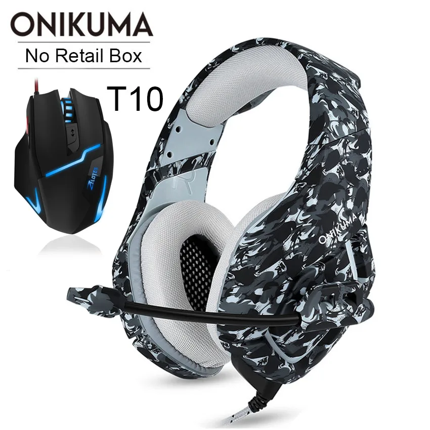 ONIKUMA PS4 гарнитура Casque PC Gamer бас Игровые наушники с микрофоном+ профессиональная проводная USB игровая мышь - Цвет: Gray Headset-T10