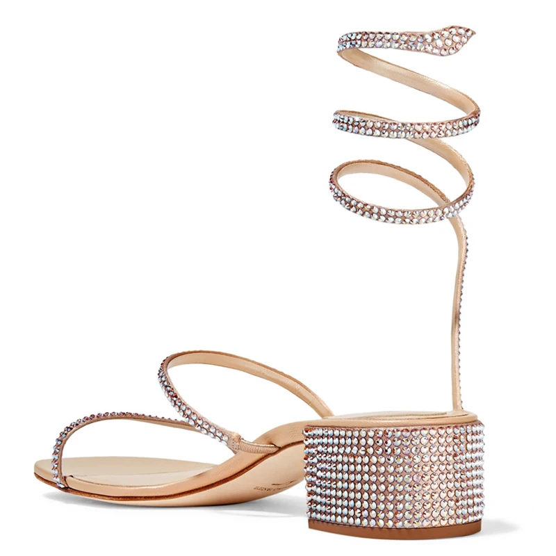 Summer Crystal Gladiator Sandals Women Open Toe Square Heels Sandals Women Fashion Party Dress Snake Strap Shoes Woman