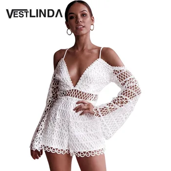 

VESTLINDA White Jumpsuit Shorts Lace Hollow Out V Neck Spaghetti Straps Cold Shoulder Romper Women Streetwear 2018 Sexy Jumpsuit