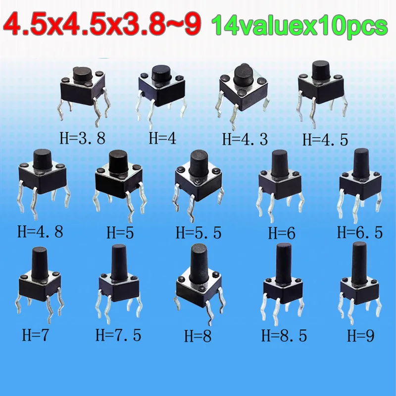 

14valuesx10pcs=140pcs Tact Switch Kit 4.5*4.5*3.8~9mm DIP Tactile Push Button Switches 4.5x4.5 mm Micro Switch