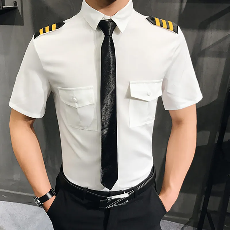 Camisa Social Manga Curta Air Force Pilots форменная рубашка мужская черная белая приталенная Camisa Social Masculina платье рубашка - Цвет: as picture white