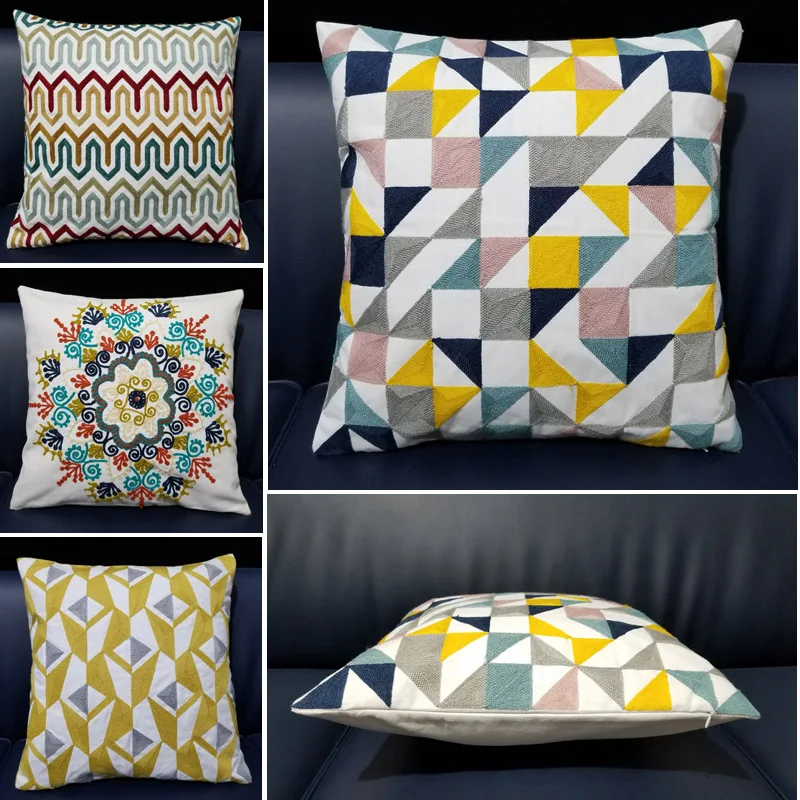 

Home Decorative Embroidered Cushion Cover Geometric Canvas Cotton Suqare Embroidery Pillow Cover 45x45cm Throw Pillow Covers