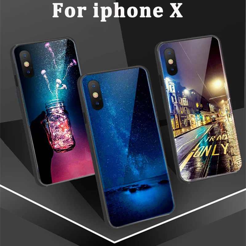 Модный чехол из закаленного стекла с мультипликационным принтом для iphone X