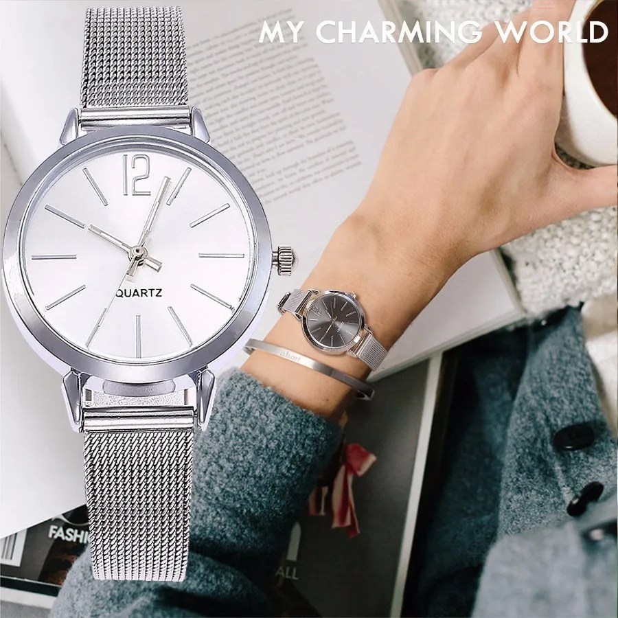 

Dropshipping Women Silver & Rose Gold Mesh Watch Unique Women's Simple Dress Quartz Wristwatches Gift Clock Relogio Feminino