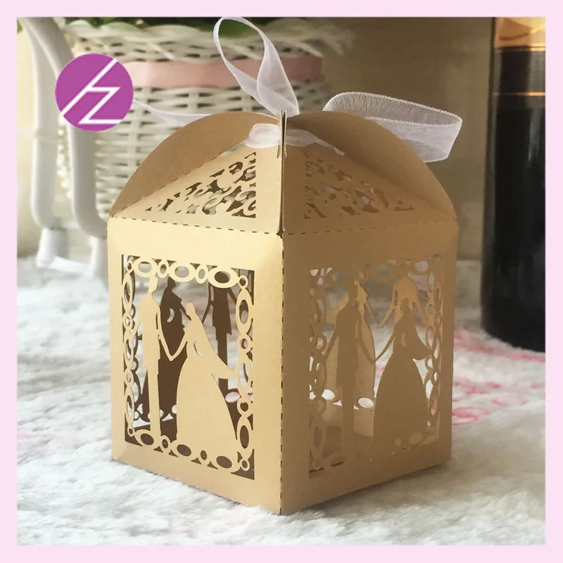 

100pcs/lot sweet lovely wedding Decoration Candy box paper boxes Gift box Rustic & Lace Favor Box With Ribbon Wedding gold