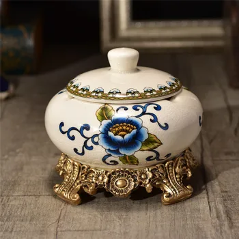 

New Pattern! American Country Elegant Blue Papilio Pattern Circular Creative Retro Windproof Ashtray Home Ceramic Ornaments