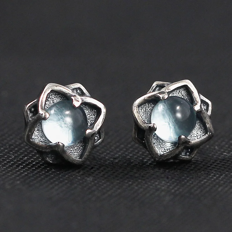 

925 sterling silver natural crystal earrings silver vintage fashion blue lotus natural crystal stud earrings for women jewelry