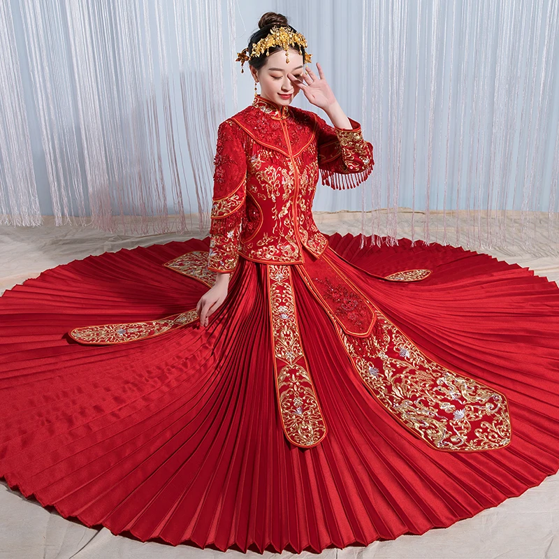 Винтаж китайский стиль для женщин брак костюм элегантный невесты Свадебная вечеринка плиссированное платье Классический Тан Customes компл
