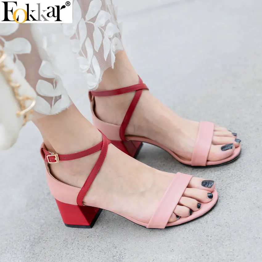 

Eokkar 2019 Women Open Toe Ankle Strap Sandals Multi Color Square Heel Summer Shoes Cross Criss Ladies Pumps Plush Size 34-43