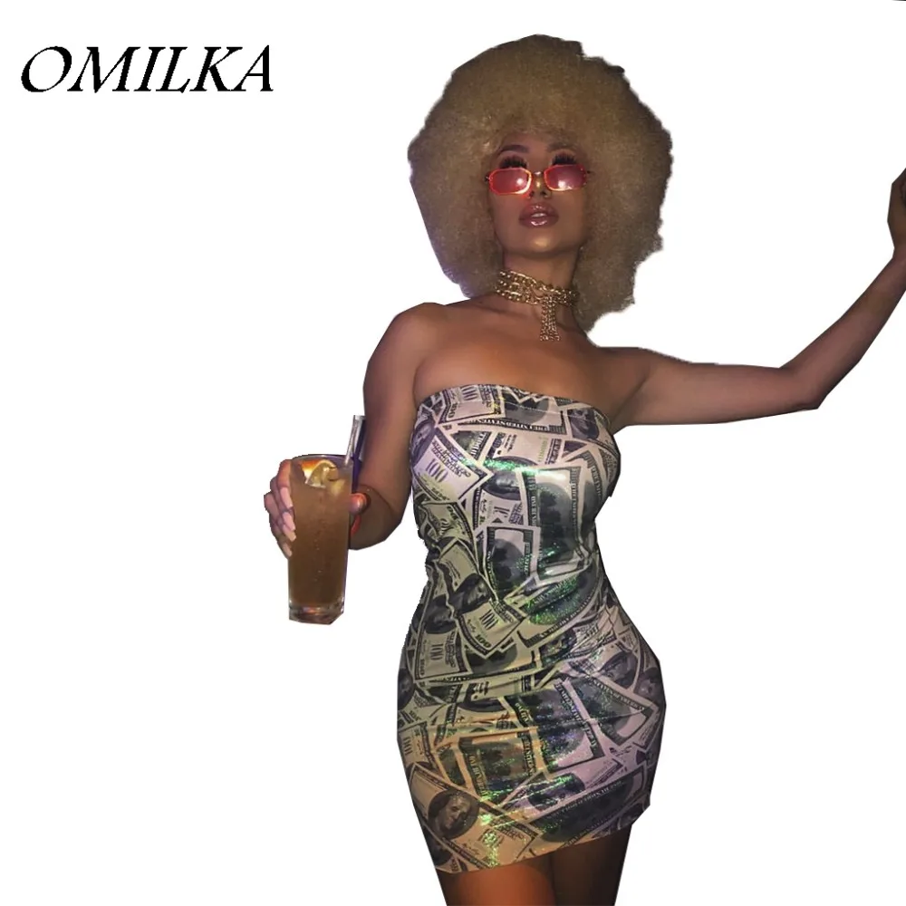 

OMILKA 2021 Autumn Women Sleeveless Strapless Dollar Printed Bodycon Dress Sexy Hip Hop Club Party Mini Vestidos Femininos