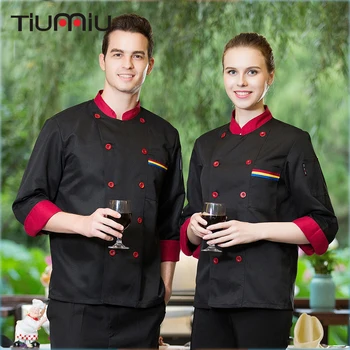 

M-3XL Men Women's Spliced Stand Collar Double Breasted Kitchen Chef Work Coat Long Sleeve Cooker Restaurant Uniforms Chef Jacket