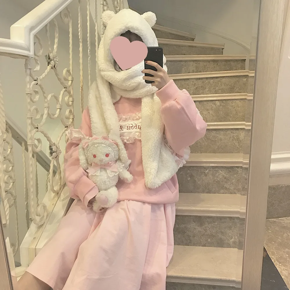 Skup Kobiety cieplej zima szalik piękny niedźwiedź uszy miękki pluszowy kapelusz z kapturem szaliki nowe mody puszyste zwierząt czapka szalik fajny prezent dla dziewczyn