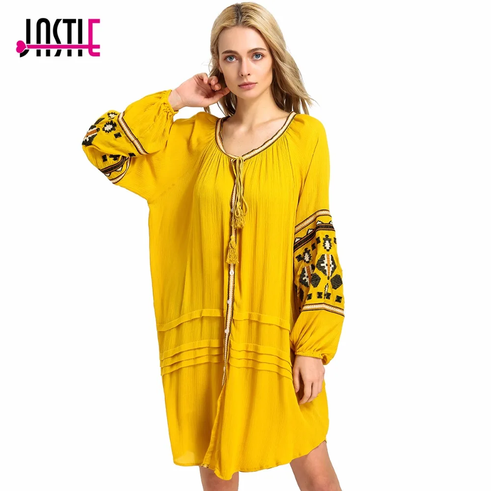 

Jastie Vintage Embroidery Boho Dress Oversize Women Dresses Lantern Sleeve Loose Beach Mini Dress Chic Casual Feminino Vestidos