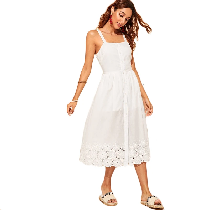 SHEIN белое вышитое летнее платье на пуговицах в стиле бохо, женское платье на бретелях в стиле ампир, однотонное облегающее и расклешенное длинное платье на бретельках