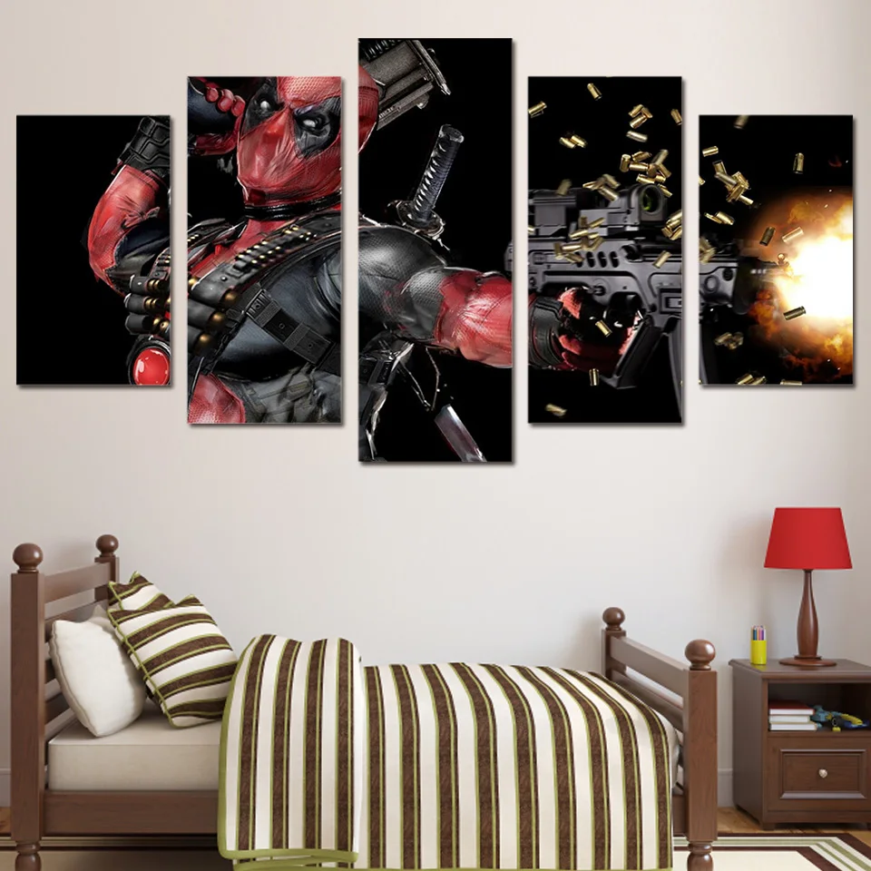 5 Panels Canvas Prints Deadpool mask gun automatic Painting Wall Art