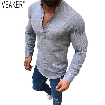 

2019 New Men's Slim Fit Linen shirts Male Mandarin Collar Sexy V Neck Cotton Linen shirt Tops Autumn Long Sleeve Flax shirts 3XL