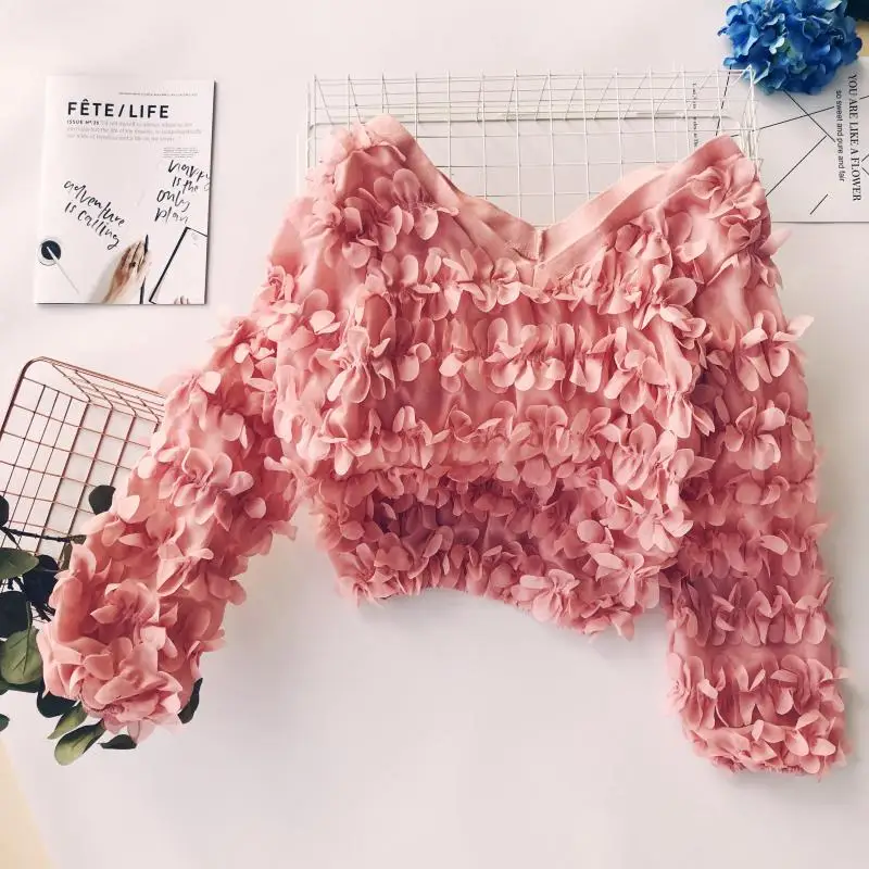 

3D Floral Chiffon Shirt Slim Petals V-neck Hollow Bottoming Shirts Long Lantern Sleeved O-Neck Pullovers Short Dance Show Tops