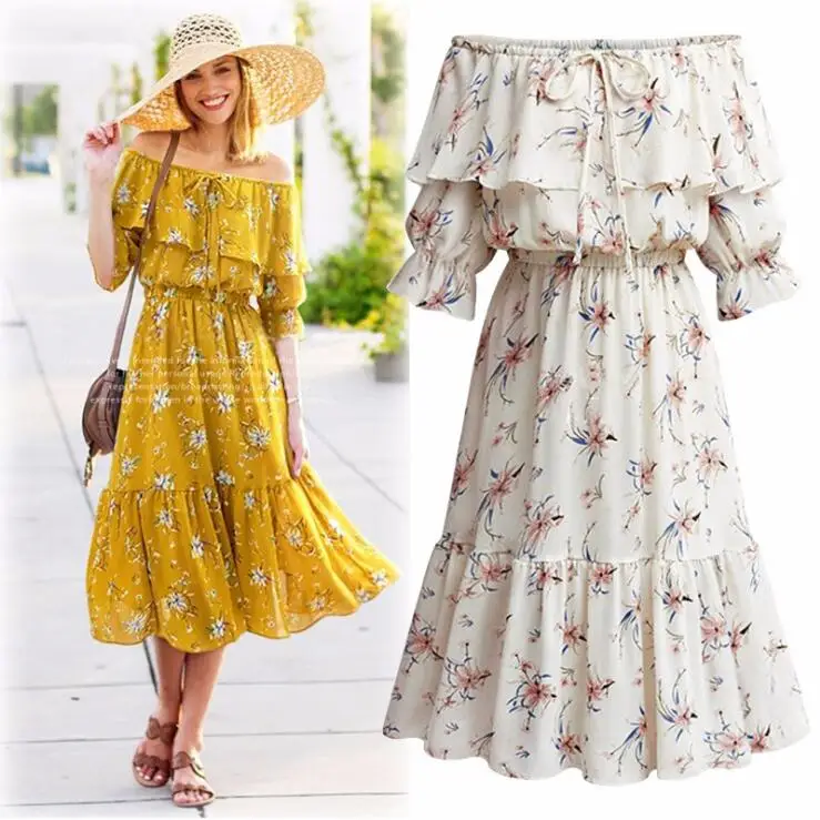 

Queechalle XXXL 4XL 5XL Plus Size Print Chiffon Dress 2019 Summer Dress Women Slash Neck Elastic Waist Loose Boho Vestido Female