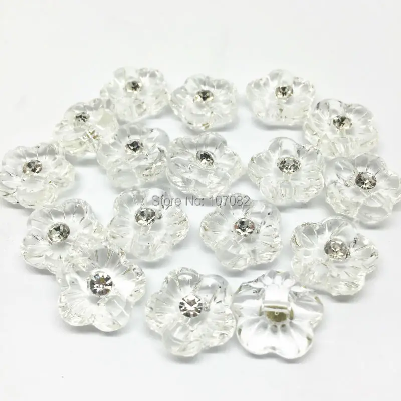 200pcs 15mm Transparent Clear Flower Buttons With Rhinestone Diamante Diamond Centre Sewing