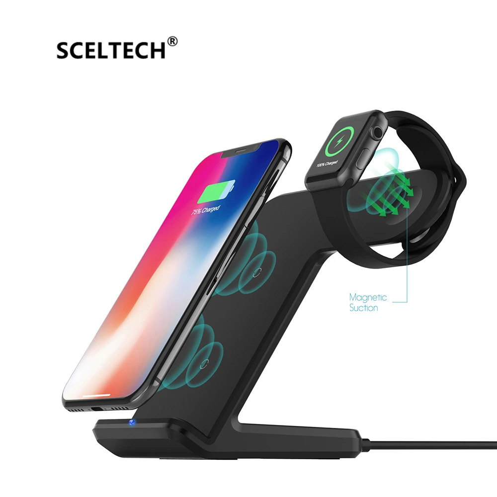

SCELTECH Fast Charger Stand For iPhone XS/XS Max/XR/X/8 Plus 10W Qi Wireless Charger For Apple Watch 4/3/2/1 Dock Station Holder