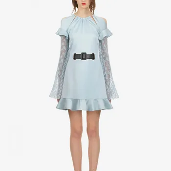 

New 2018 Autumn Women's Dress Self Portrait Lace Flare Sleeve Patchwork Vestido Female Sexy Hollow Out Belt Dresses High Quality