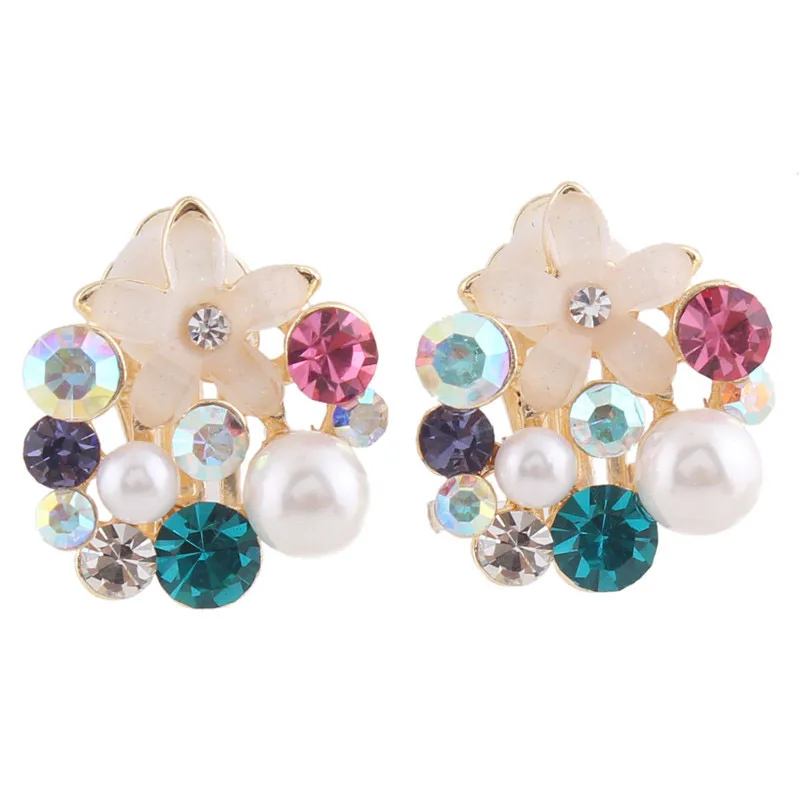 Rhinestone Opal Flower Simulated Pearl Water Drop Shape Clip on Earrings for Women ear clip earrings,clip earrings,ear clip