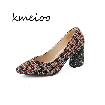 

Kmeioo Square Heels Women's Shoes 2018 New Solid Flock Shallow Women Pumps Pointed Toe High Heels Shoes Sexy Party Shoes