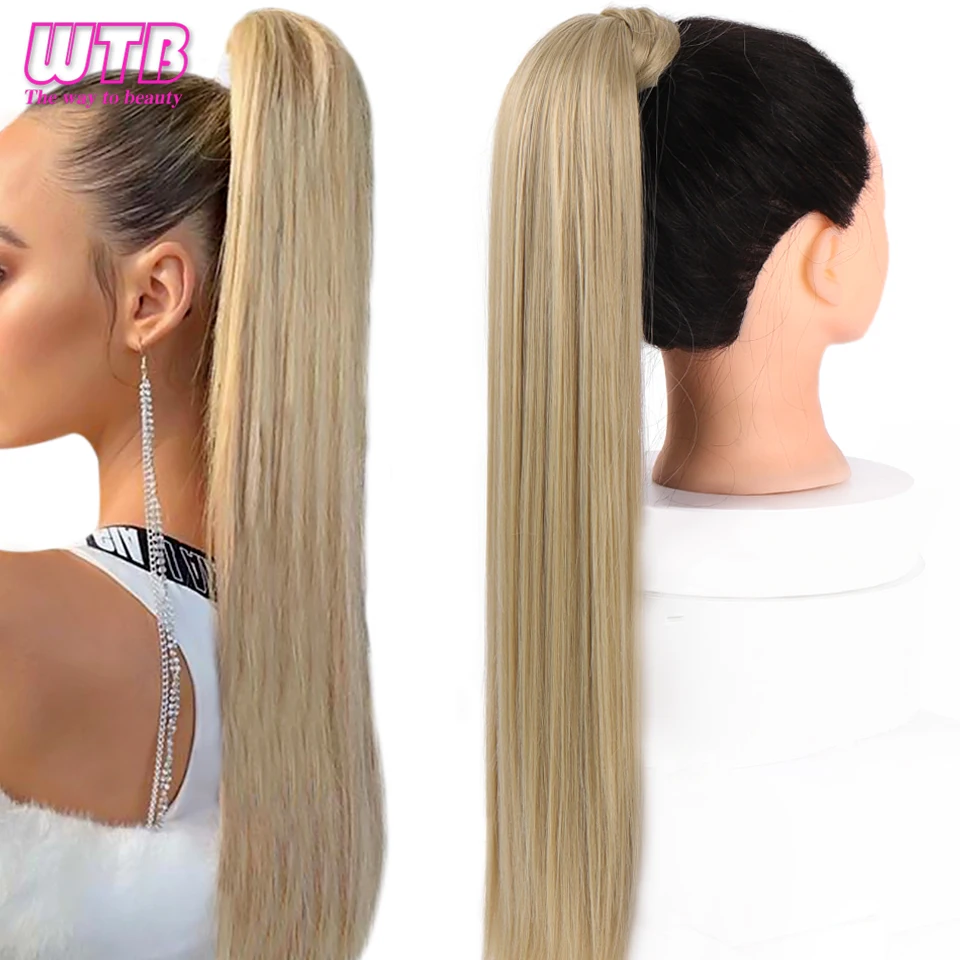 Reto em Torno do Grampo Rabo de Cavalo Extensões de Cabelo Feminino Sintético Polegada Longo Envoltório no Natural Preto Marrom Pônei Cauda Falso Cabelo Wtb 32 4 Wtb feminino sintético 32 Polegada longo envoltório