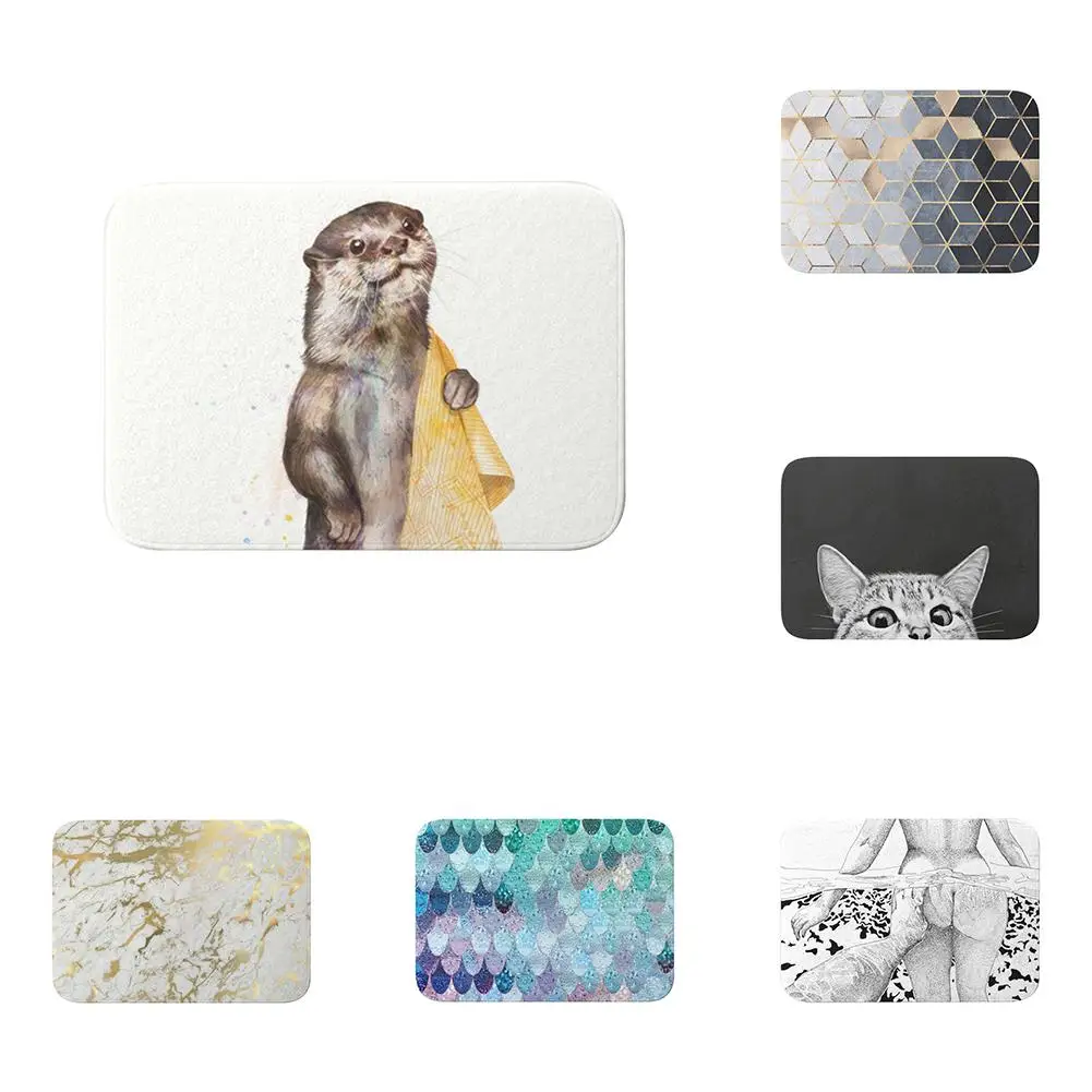 

Cute Otter Cat Geometric Patterns Anti-Slip Bathroom Floor Mat Home Rugs Decor