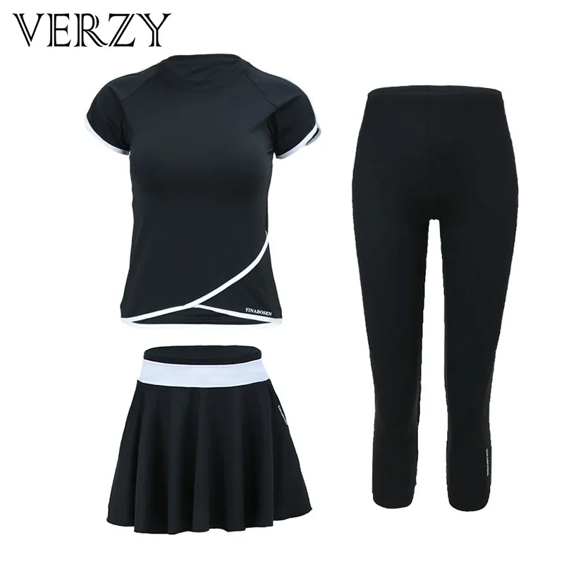 

Sport Top+Dress+Tights 3 Pieces Sport Suit Women Black Fitness Yoga Sets Gym Running 2017 Breathable Sportswear Plus Size M-3XL