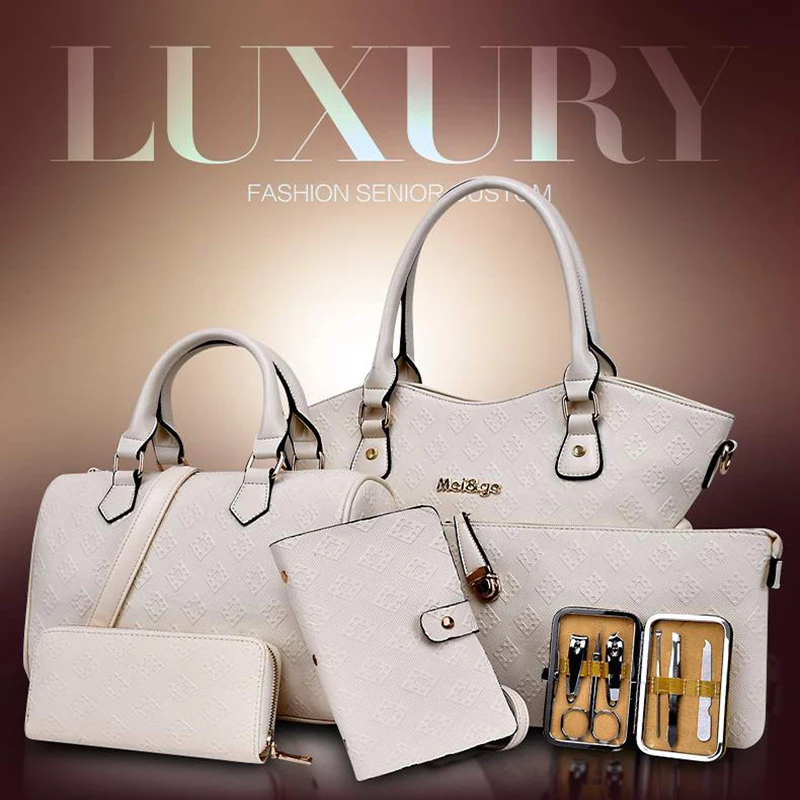 

6pcs Bag Set For Women 2019 Luxury PU Leather Handbag Brand Embossed Crossobdy Shoulder Bags Gold Blue Female Totes Purse Clutch