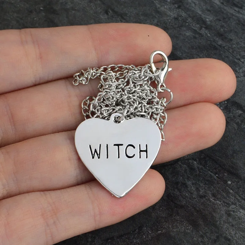 Trendy Witch Necklace Heart Engraved Gothic Witchcraft Wiccan Halloween