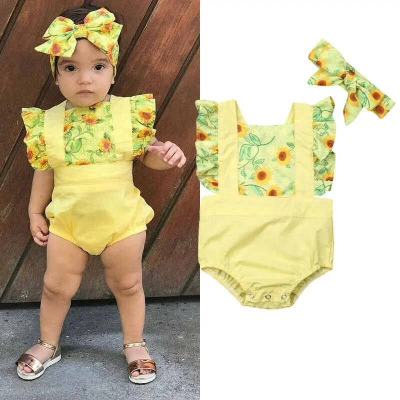 

Pudcoco 2019 Summer Yellow Newborn Baby Girl Sunflower Bodysuit Headband Outfit Set Cute Sunsuit