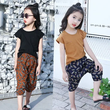 

New Summer Children Short Sleeve T Child Printing Seven Part Pants Two Piece Suit