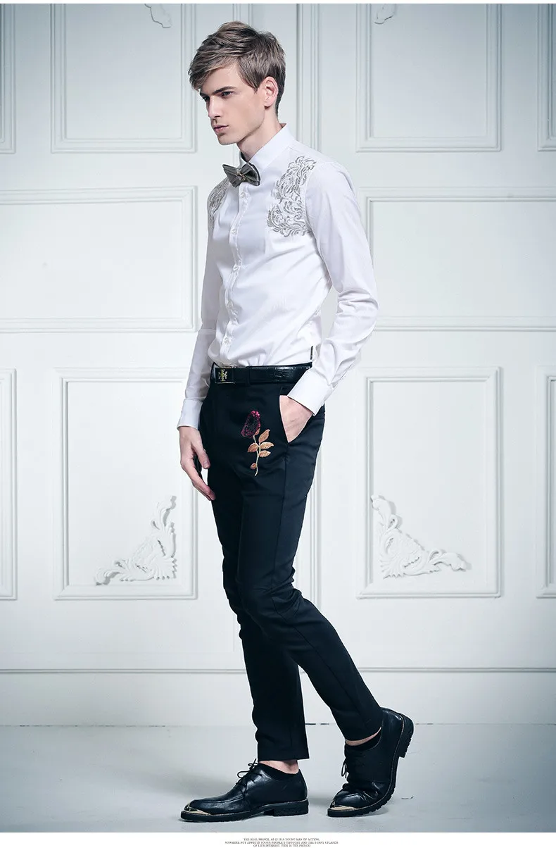 Fanzhuan Бесплатная доставка; новинка 2016 года; модные повседневные мужские Для мужчин весна вышитые цветы белая рубашка Серебряный дворец