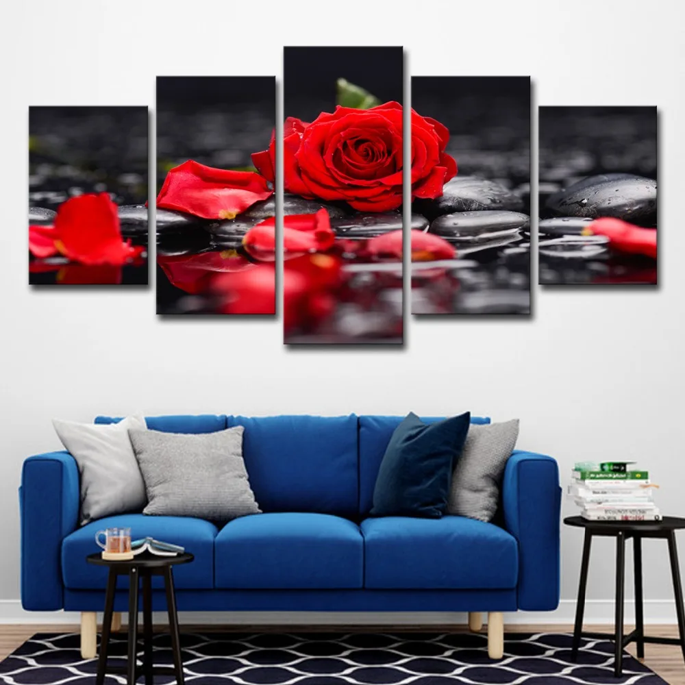 5P0155 Canvas Paintings Home Decor Living Room Wall Art 5 Pieces Red Rose Flowers Pictures Modular Prints Stone Petal Poster Framework (14) 