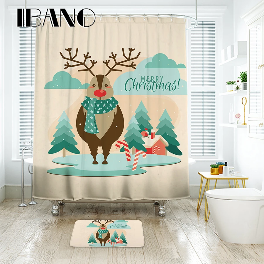 

IBANO Christmas Shower Curtain Nordic ELK Pattern Waterproof Polyester Fabric Shower Curtain For The Bathroom With 12pcs Hooks