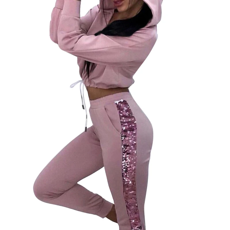Сексуальные женские спортивные костюмы, набор для бега, боковая застёжка, молния, толстовка с капюшоном, длинный рукав, два предмета, спортивный костюм, спортивная одежда для зала - Цвет: Розовый
