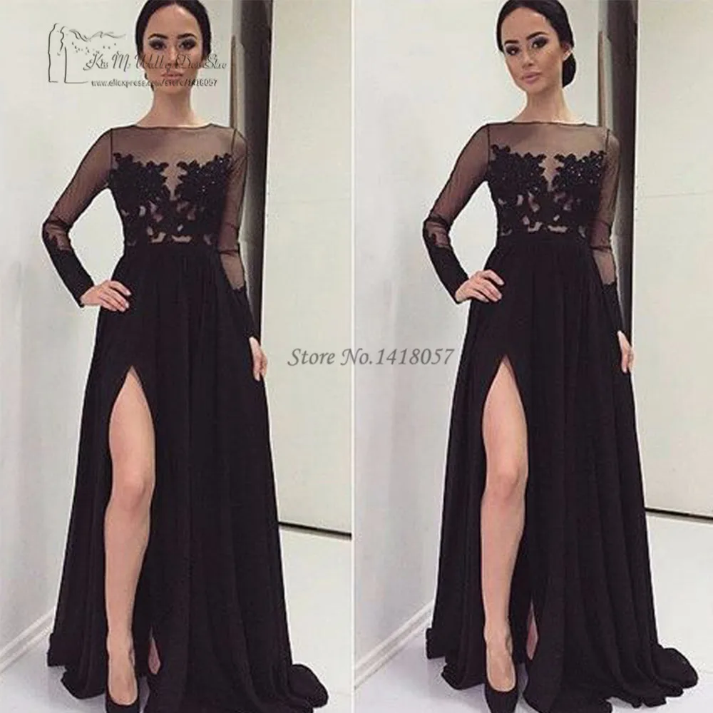 

Vestido de Festa Longo Black Long Sleeve Evening Dress Formal Gown Split Front Lace Prom Dresses 2017 See Through Robe de Soiree