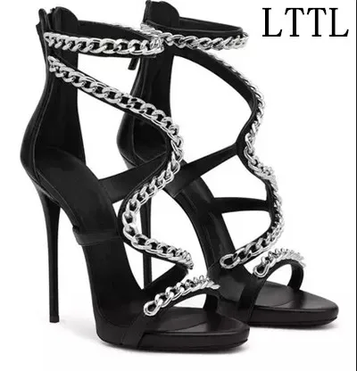 

LTTL Summer Fashion Design Chain Stiletto Sandals Women Shoes Sexy High Heels Open Toe Gladiator Sandals Black White Red Woman